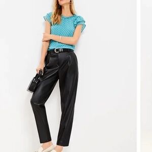 LOFT $90 New Womens Black Faux Leather Pleated Front Tapered Straight Leg Pants